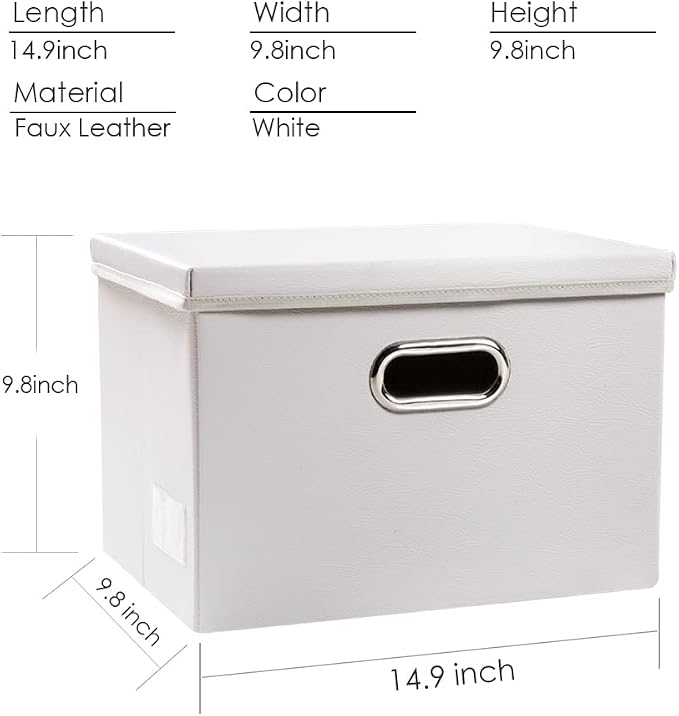 Foldable Storage Bins with Lids [5-Pack] Leather Fabric Collapsible Storage Boxes Organizer Containers Baskets Cube with Cover for Bedroom Closet Office Nursery White (14.9x10.8x10)