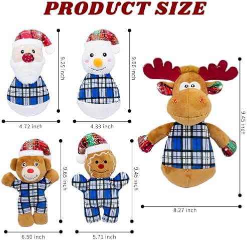 Christmas Dog Toys 5 Pack Blue Plush Squeaky Set with Santa Snowman Reindeer Bear Gingerbread Man for Small Large Medium Dogs for Gentle Play Easy Clean Not for Aggressive Chewers