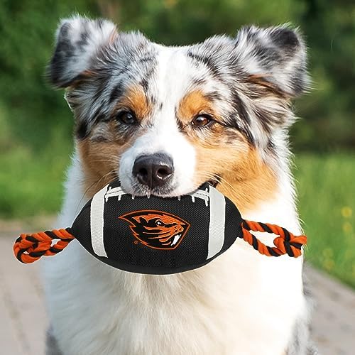 Pets First NCAA Oregon State Beavers ORS-3121NCAA Oregon State Nylon Football Dog Toy with Inner Squeaker & Tough Ropes for Tug-of-war Games, Black, One Size