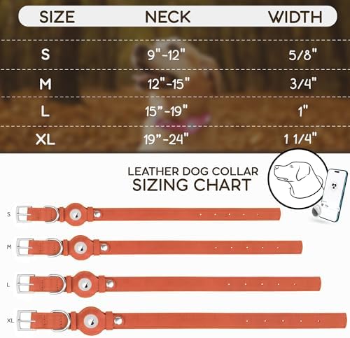 Leather Dog Collar with Airtag Holder - Apple Air Tag Dog Collars - Soft Tracking GPS Pet Collar for Small Medium Large Dogs Breed Puppy (Tawny, L, 15"-19" Neck Fit)