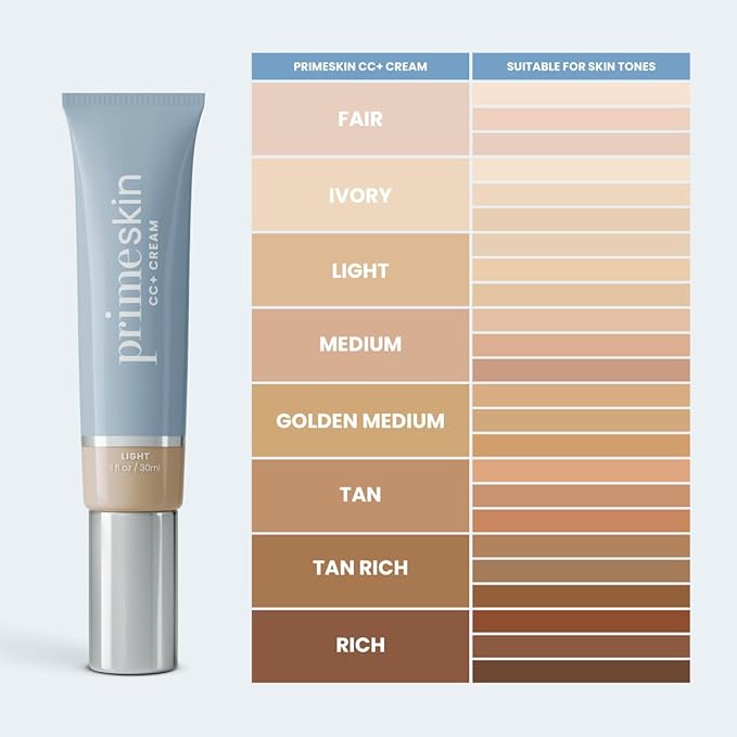 Prime Prometics PrimeSkin CC+ Cream for Mature Women – Lightweight Liquid-to-Powder Foundation – Blurs Pores & Covers Age Spots – Crease-Free, Hydrating & Soft-Matte Finish for Sensitive Skin (Light)