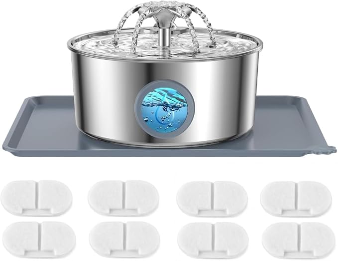 Cat Water Fountain, 3.2L 108Oz Stainless Steel Pet Fountain, 8 Filters | Stainless steel cat fountain, dishwasher safe with triple filtration, quiet pump and visible water window for cats and dogs.