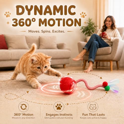 Pack-4 Interactive Cat Toys, Motion-Activated Rolling Ball with Speedy Tail,Smart Automatic Cat Chase, 360° Rotating, USB-C Rechargeable, Self-Play Toy for Indoor Cats, Kittens & Puppies.