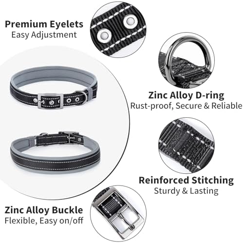 Segarty Reflective Dog Collar for Extra Large Dogs, Adjustable Wide Soft Comfortable Breathable Neoprene Padded Nylon Collar with Heavy Duty Metal Buckle for Extra Large Breeds (XL, Black)