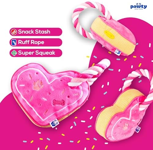 PAWTY Love Heart Dog Toy - Plush Valentine's Gift with Squeaker - Interactive Tug Rope Chew Toy for Small & Medium Dogs - Funny Cute Pink Dog Toy for Birthday, Teething & Playtime - Durable & Adorable