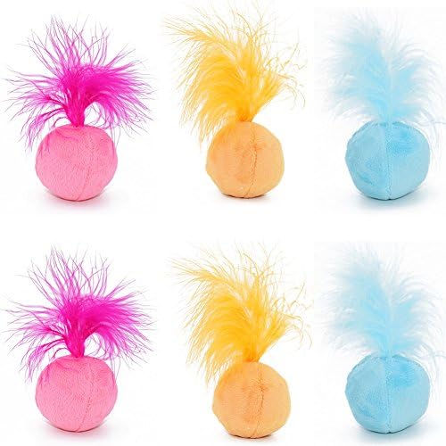 Furry Rattle Ball Cat Toy with Feather and Catnip - Interactive Pom Pom Balls for Cats, Soft and Lightweight, 2 Inch, 6 Pack.