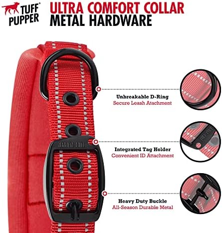 Tuff Pupper Ultra Comfort Padded Dog Collar | Thick Neoprene Padding | Ballistic Nylon Strap Dog Collar with Reflective Stitching | Durable Metal Buckle & Integrated ID Tag Holder | Waterproof Collars