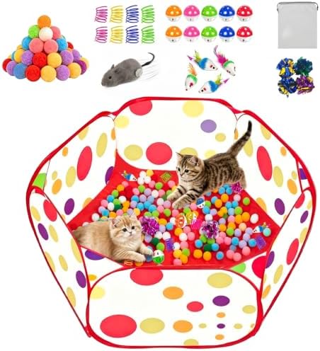 Cat Ball Pit with 227 Pcs Interactive Cat Toys, Enrichment Toys for Bored Indoor Cats Self Play, Include Pom Pom Balls Jingle and Crinkle Balls, Springs and Mice Toy for Kitten Fun and Exercise