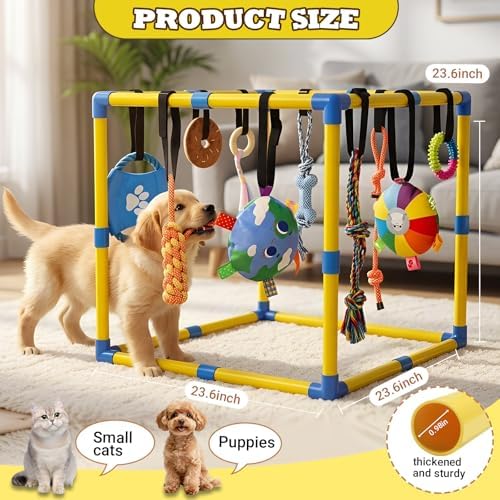 Puppy Play Gym with 10 Hanging Toys, 23.6" Removable Small Dogs Indoor Jungle Playground, Interactive Indoor Dog Training Activity Center for Interactive Teething and Mental Stimulation Toy Set