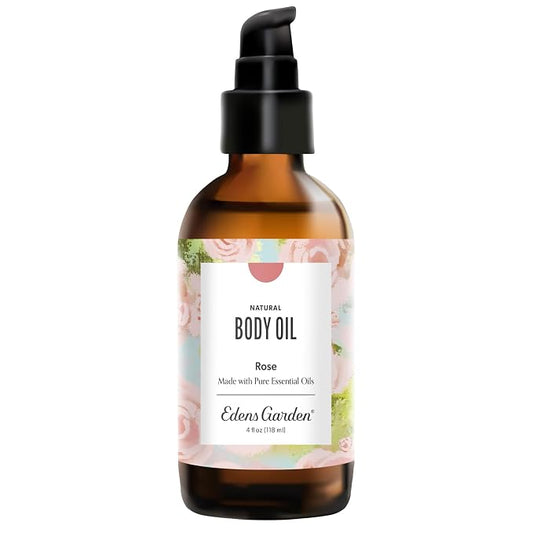 Edens Garden Rose Body Oil – Bath, Body & Massage Oil with Pure Essential Oils & Vitamin E, Moisturizing Floral Aromatherapy for Skincare, 4 fl oz (118 ml)