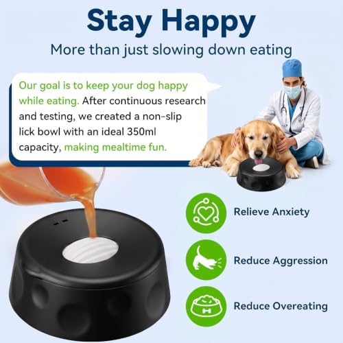 Dog Lick Bowl Ball Slow Feeder, Licking Bowl for Liquid Treat with Rolling Spin Sphere Roller Licker, Licky Feed Calming Anxiety Relief Enrichment Yogurt (Black)