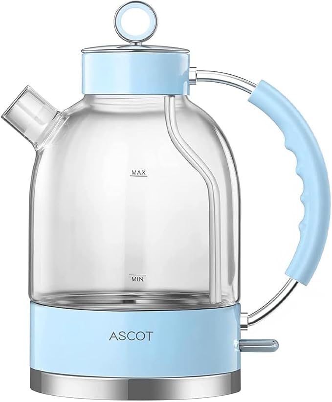 ASCOT Electric Kettle, Glass Electric Tea Kettle Gifts for Men/Women/Family 1.5L 1500W Borosilicate Glass Tea Heater, with Auto Shut-Off and Boil-Dry Protection (Blue)