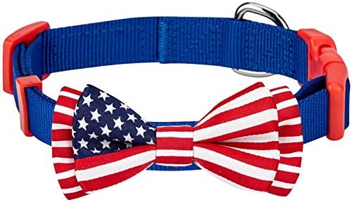 Blueberry Pet 2 Patterns Patriotic Spirits American Flag USA Adjustable Bowtie Blue Dog Collar - Handmade Bow Tie w/Jacquard Weave Fabric, Medium, Neck 14.5"-20"