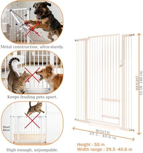 55.11" Extra Tall Cat Gate 29.5-40.6 Wide Pat Gate with Small Cat Door Safety Pet Gate NO Drilling Pressure Mount Kit for Cats and Dogs Indoor Doorways liveing Room Bedroom