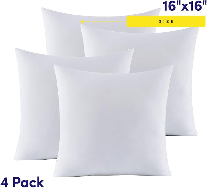16X16 Pillow Inserts - Throw Pillow Set - Cushion Inserts for Decorative Throw Pillows Covers - Soft & Supportive Pillows for Couch, Sofa, Bed, or Chair, 4 Pack - 16" x 16"
