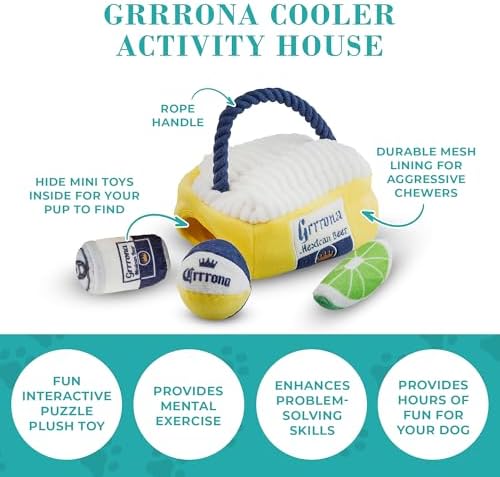 Haute Diggity Dog Grrrona Cooler Puzzle with 3 Plush Squeaky Dog Toys Set