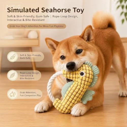 Seahorse Dog Plush Squeaky Toy with Rope Loop (Seehorse)