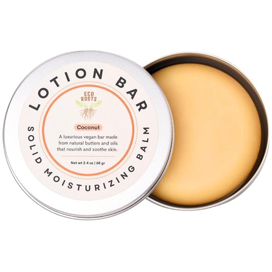 ECO ROOTS Solid Lotion Bar for Dry Skin – Body Moisturizer Tin with Candelilla Wax, Non Greasy Body Butter & Massage Oil Stone, Travel Ready, Vegan Zero-Waste, Long Hydration - Handmade in USA