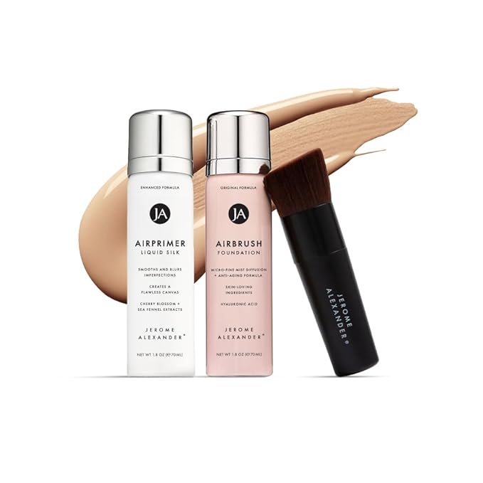 MagicMinerals AirBrush Foundation Set by Jerome Alexander – 3pc Set Includes Primer, Foundation and Kabuki Brush - Spray Makeup with Anti-aging Ingredients for Smooth Radiant Skin (Cognac)