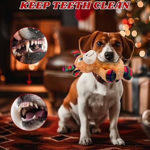 Dog Christmas Reindeer Plush Toys with Squeaker, Soft Pet Teeth Toys for Small & Medium Dogs
