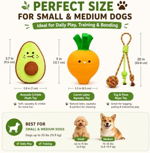 Cute Dog Toys for Small Dogs, Vegetable Puppy Toy Set with Squeaky Carrot, Avocado Plush & Rope Tug Toys, Interactive Puppy Starter Kit (Bright Orange)