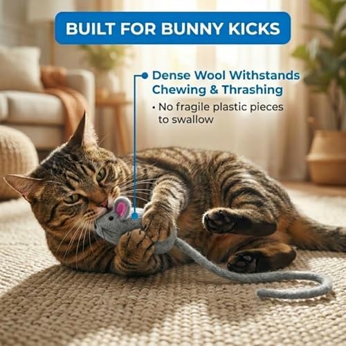 Glaciart One Mini Felt Mouse Cat Toy – Kitten & Small Cat Size, Natural Wool Catnip Toy, Soft Fuzzy Interactive Play Toy for Indoor Kittens, Safe Non-AZO Dyes, 1.4” Body with 12” Tail