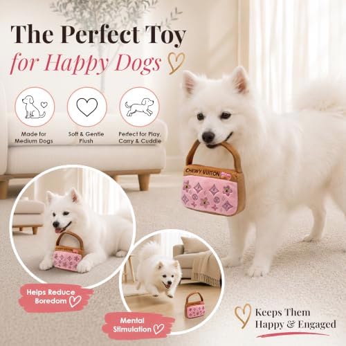Dog Diggin Designs Chewy Vuiton Pink Blossom Plush Dog Toy Purse | Luxury-Inspired Parody Designer Handbag with Squeaker, Soft Plush Fashion Dog Toy – Haute Couture Purses & Handbags