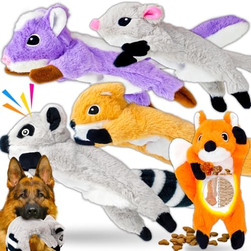 LECHONG 5-Pack Fluff-Free Squeaky Dog Toys - Crinkle No-Stuffing Body & Lightly Filled Head with Treat Hiden Pocket, Dog Toys Bundle for Aggressive Chewers Small Medium Large Dogs to Keep Them Busy