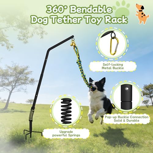 Tether Outdoor Dog Rope Toy with Adjustable Height Spring Pole, 3 Kinds Dog Tug of War Toys for Self Play and Interactive in Park, Yard, Lawn Rope, Suitable for Energetic Dog(69″)