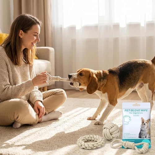 Dog Rope Toys 5 Pack, 100% Natural Cotton Puppy Chew Toys for Small Medium Dogs, Durable Tug of War Toy for Aggressive Chewers, Teeth Cleaning & Boredom Relief, with Pet Wipes