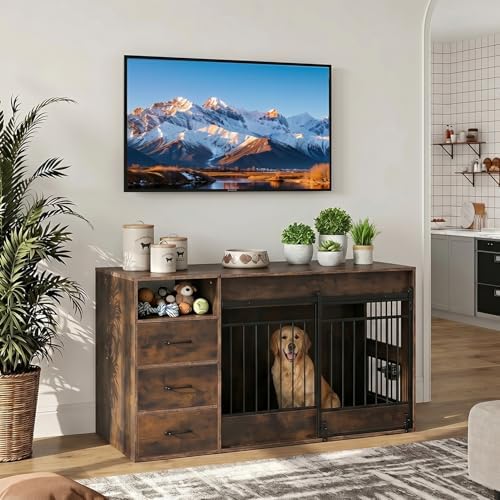 59.8 Inch Large Dog Crate Furniture with 3 Storage Drawers