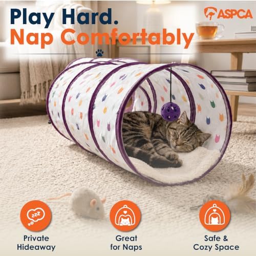 ASPCA Cat Tunnel with Rattle Toy, Interactive Collapsible Cat Tunnel for Indoor Cats, Crinkle Play Tunnel with Hanging Rattle Toy, for Hiding, Chasing, Pouncing & Active Play, Silhouette Printed