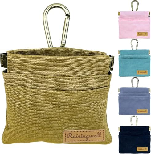 Raisingwell Dog Treat Pouch, Brown Pocket Sized Pet Training Pouch, Cotton Fabric, Hand Free Dog Walking Bag with Carabiner, Self-Closing Pet Feed Snack Reward, for Puppy Travel or Outdoor Use