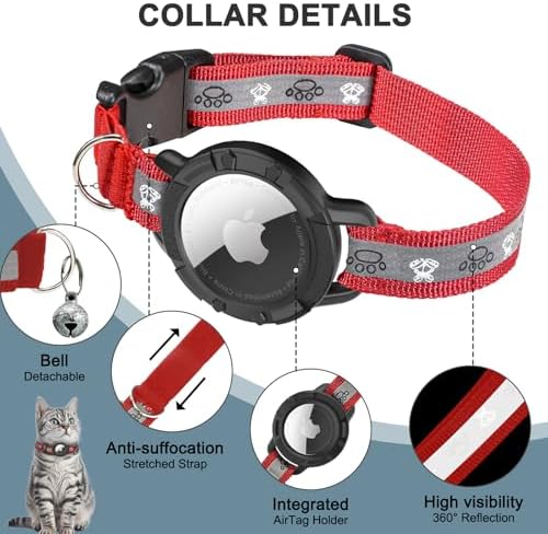 Reflective AirTag Cat Collar, Integrated Cat Collar with Air Tag Holder | Built in AirTag Holder, Adjustable 7-13in for Cats, Kittens and Puppies, Safety Elastic Band, Reflective for Night Walking
