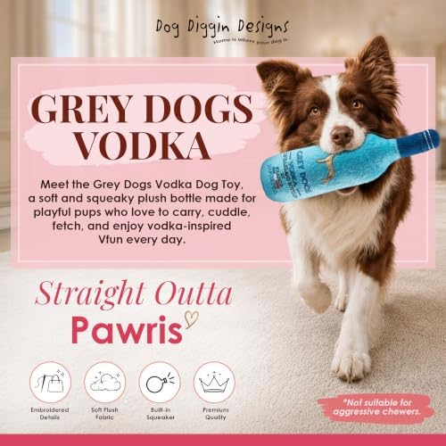 Dog Diggin Designs Grey Dogs Vodka Plush Dog Toy | Luxury-Inspired Parody Vodka Bottle Dog Toy with Squeaker, Soft Plush Novelty Dog Toy – Shaken, Not Stirred!