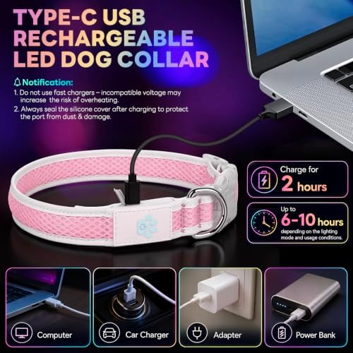 Multicolor LED Dog Collar USB-C Rechargeable, Light Up Dog Collar, Rainbow Gradient Glowing Dog Collar with 4 Light Modes, Adjustable Candy Mesh Pet Collar(Pink, Large)