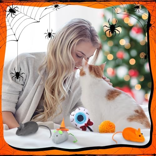 24 Pcs Halloween Catnip Toys, Mice Balls Feather Wands Plush Set