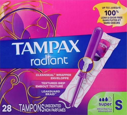 Tampax Radiant Tampons, Super Absorbency, with Leakguard Braid, Unscented, 28 Count (Pack of 2)