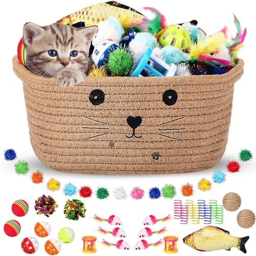 Zopeal 58 Pcs Summer Cat Storage Basket Gift Toys Set, Colorful Flashing Balls Pet Bell Crinkle Balls Spring Toys Attract Cat to Swat, Hunt, Interactive for Pet(Khaki,9.8 Inch)