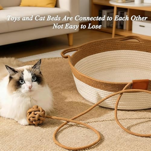 Handwoven Cat Basket with Hanging Ball Toy, Scratchable Cat Lounger Basket for Sleeping, Playing and Relaxing, Cotton Rope Cat Bed Basket with Cat Ear Handles (Green+Mat,L)