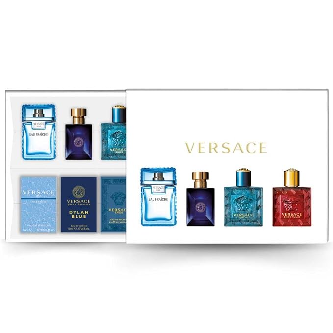 Versace Miniatures Set Men 4x5ml - Versace Eros, Eros Flame, Dylan Blue, Eau Fraiche - Mini Perfume Gift Set for Him