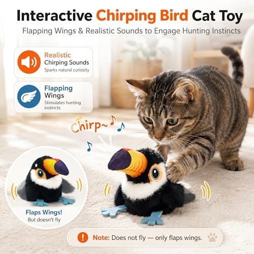 Flapping Bird Cat Toy, Toucan Plush Touch Activated Bird Chirp Cat Toy with Refillable Catnip, USB Rechargeable Interactive Kitten Exercise Toy,4.92"(No Flying)