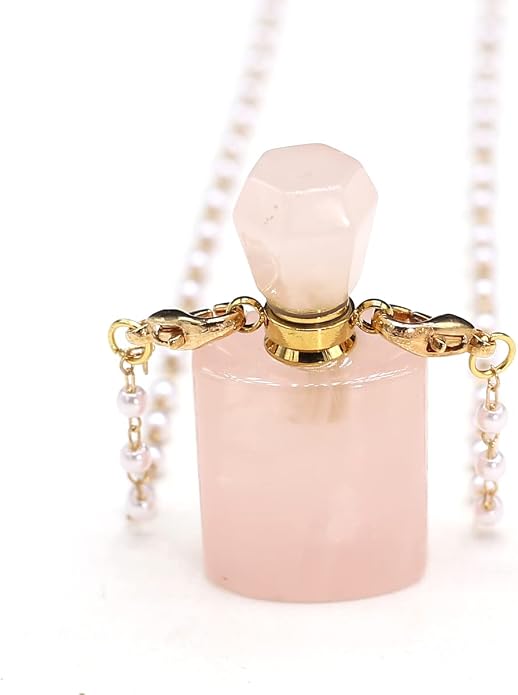1pcs Natural Rose Quartz Stone Perfume Bottle Pendant Pearl Bead Chain Rectangle Heart Necklace for Women Jewelry Free Accessory Glasses