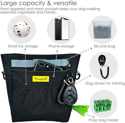 Raisingwell Dog Treat Pouch with Magnetic Closure 4-Cup Silicone Bag Fanny Pack Holder with Clicker 4 Ways to Wear Front Pocket Fits All Phones Ideal for Leash, Pet Walking and Training（Black）