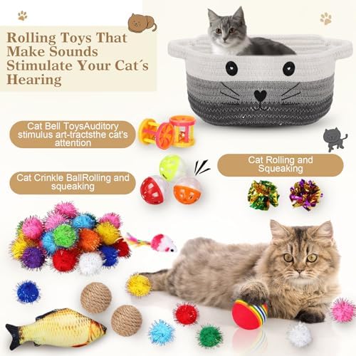 Zopeal 58 Pcs Summer Cat Storage Basket Gift Toys Set, Colorful Flashing Balls Pet Bell Crinkle Balls Spring Toys Attract Cat to Swat, Hunt, Interactive for Pet(Multicolor,12 Inch)
