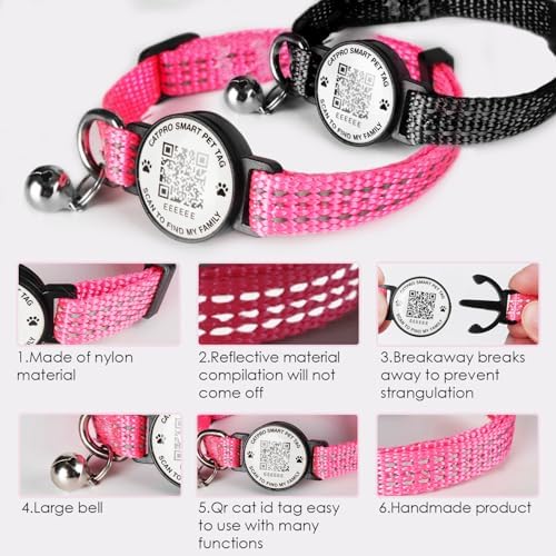 Smart QR Code Pet ID Personalized Tag Cat Collar, Reflective Nylon with Bell, Secure Breakaway, Comfortable, Durable - Suitable for Kittens-Rose&Black-S