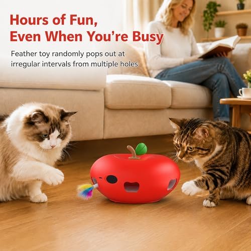 Cat Toys, Rechargeable Interactive Kitten Toys, Smart Sensor Automatic Feather Toy with 6 Random Holes, Quiet USB Powered Pop-Up Kitten Toy Simulates Hunting for Indoor Cats, Red