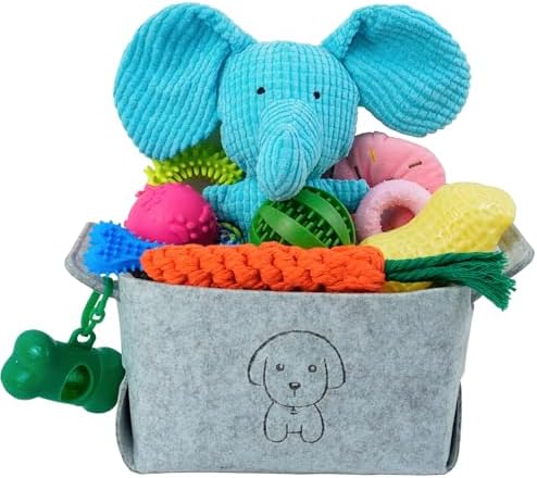 MRSOHRET 20Pcs Puppy Chew Toys for Teething, Dog Chew Toys with Rope Toys, Pet Dog Toothbrush, Treat Balls, Plush Toys and Squeaky Toy for Small Medium Dogs with Basket (20 Pack Elephant)