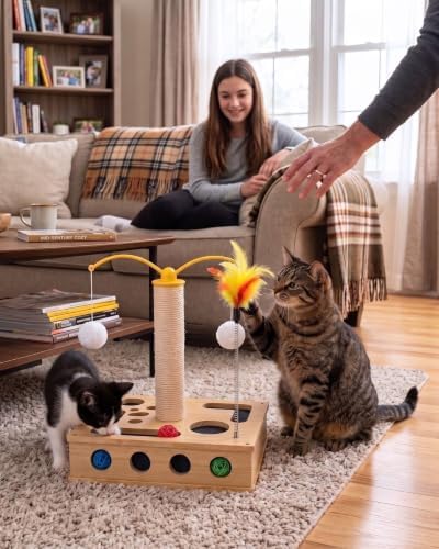 4-in-1 Wooden Interactive Cat Toy with Scratching Post & 3 Rattan Bell Balls - Cat Puzzle Box Treat Maze, 360° Rotating Spinning Teaser with Hanging Pom Poms, Durable Sisal Scratcher for Indoor Cats