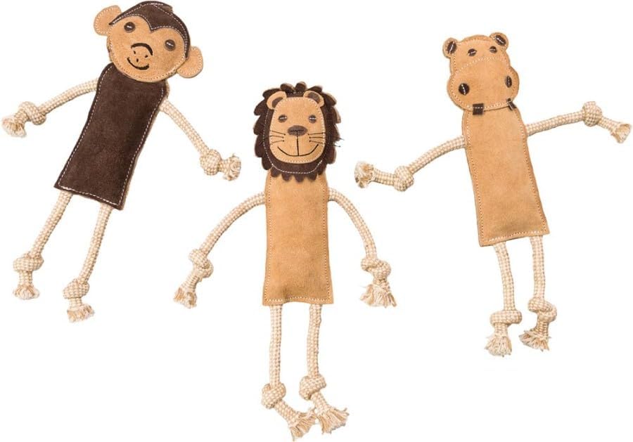 Dura-Fused Leather Jungle Animals Dog Toy, Squeaky with Rope Limbs, Real Leather and Jute, 14 Inch, Assorted Styles, 2 Pack
